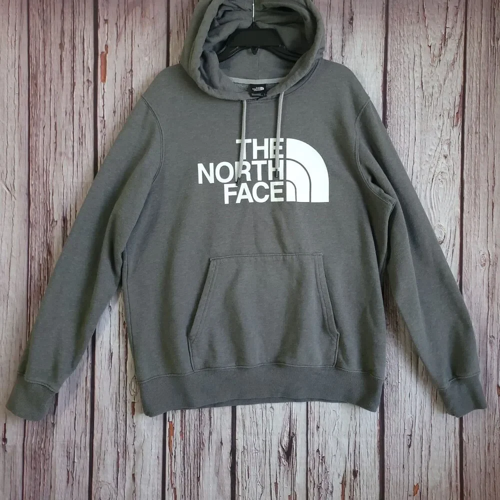 The North Face Mens L Gray Fleece Pullover Hoodie Graphic Logo Kangaroo Pocket
